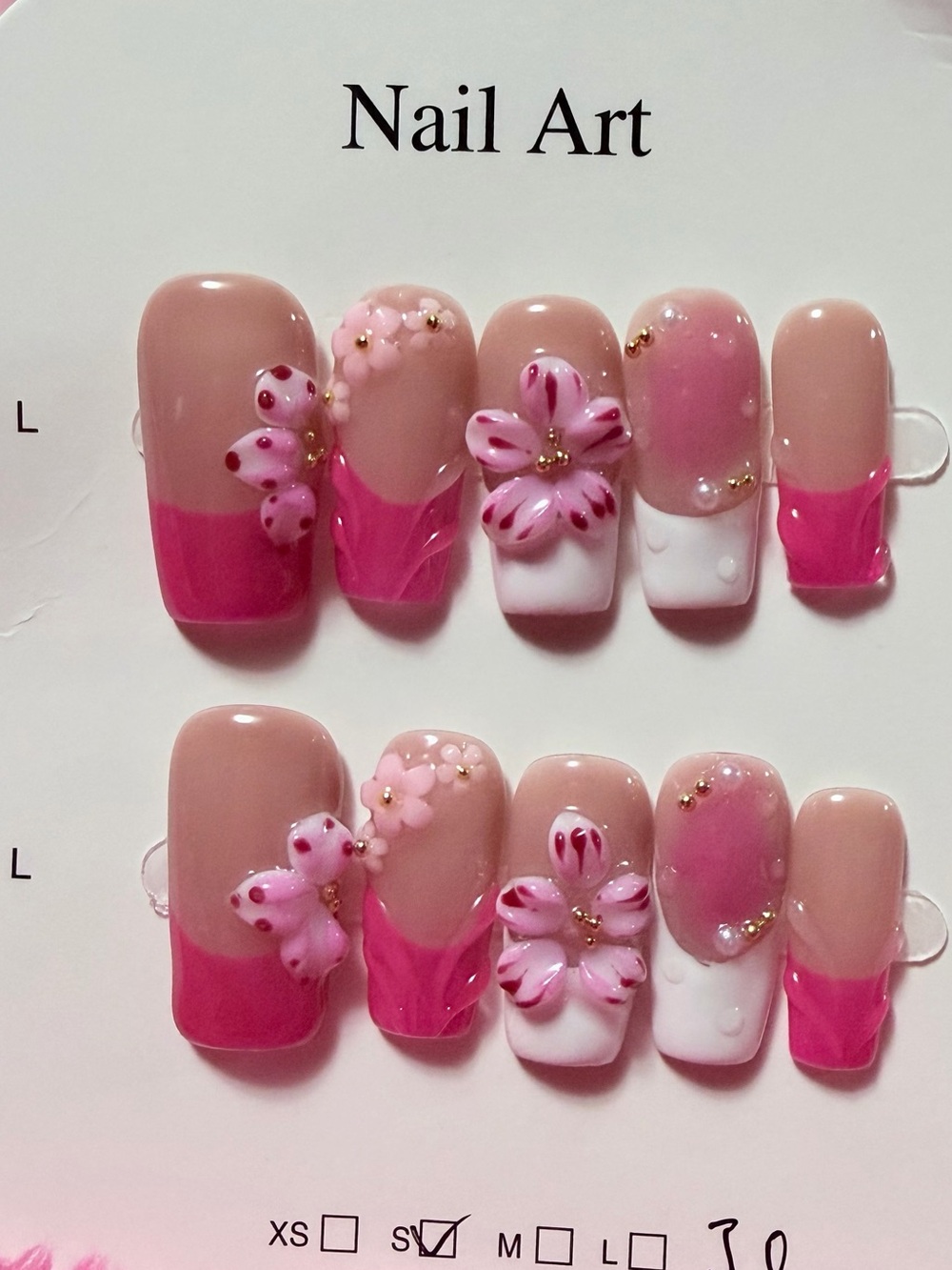 Press-On Nail Set with Pink Floral Art